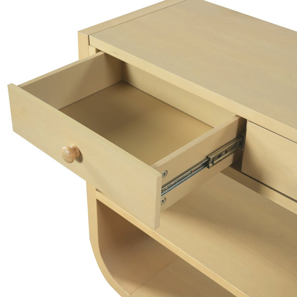 English Elm [video] Sculptural Console Table Pine Wood Curved Legs Soft-close Drawers Open Shelving Entryway Natural N759P433560N