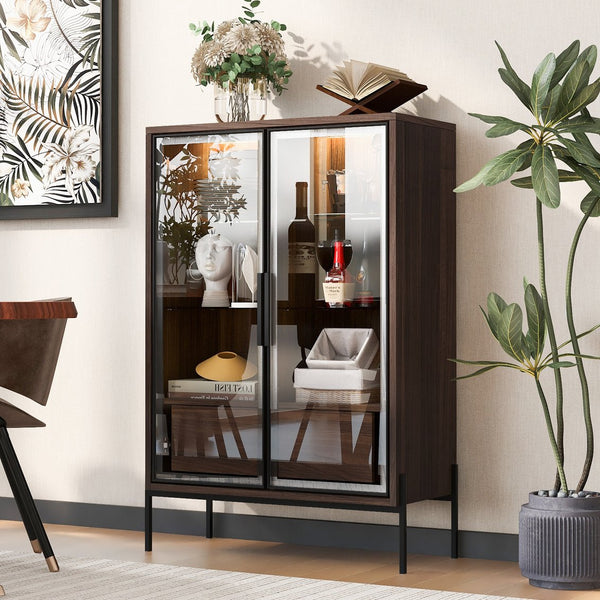 English Elm 51.2'' Freestanding Display Cabinet With Led Lights, Adjustable Glass Shelves & Hidden Storage – Walnut N845P261794D