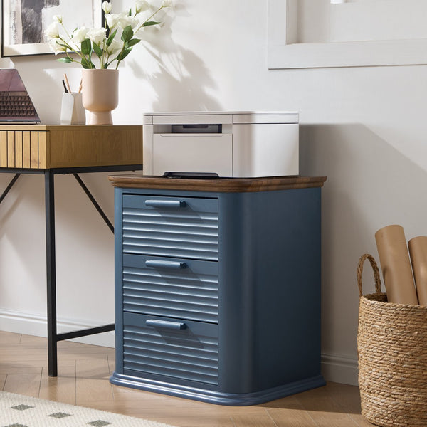 English Elm 22" Fluted Wood Nightstand with Built-in Charging Station Three Drawer Bedside Storage Navy Blue T5326P431149