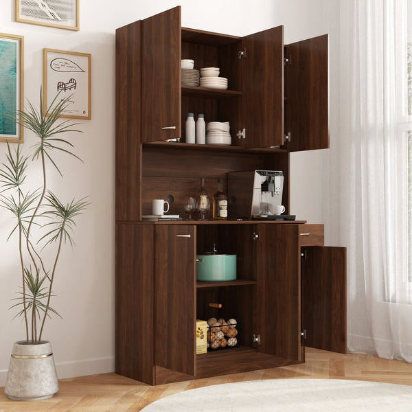 English Elm 70.87" Melamine Wardrobe & Kitchen Cabinet, 6-Door Storage with Drawer & Open Shelf, Walnut Finish, Durable Sturdy Design W331S00172