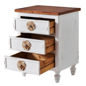 English Elm Vintage Farmhouse End Table with Floral Knobs 3-Drawer Rustic Nightstand Solid Wood Accents Antique White,Walnut W3306P318861