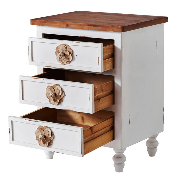 English Elm Vintage Farmhouse End Table with Floral Knobs 3-Drawer Rustic Nightstand Solid Wood Accents Antique White,Walnut W3306P318861