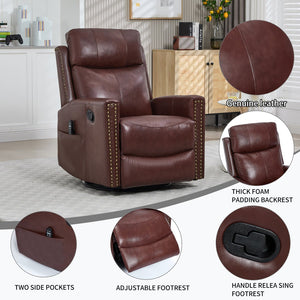 English Elm Wine Red Genuine Leather Swivel Rocker Recliner with Massage Heat for Living Room W1803P323712