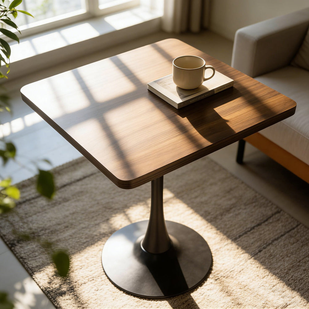 English Elm Square Tulip Pedestal Bistro Table Walnut Finish Mid Century Style for Compact Spaces W2641P460034