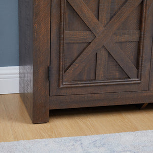 English Elm 2 Door Farmhouse Media Console with Glass Cabinet Panels and Open Shelving for Living Rooms W2275P389693