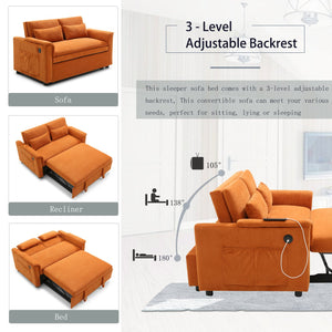 English Elm 55" Velvet Two Seater Pull Out Sofa Bed with USB Ports, Side Pockets, Adjustable Backrest, Compact Lounger Orange W2677P288325