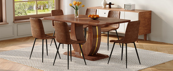 English Elm One Modern 7 Piece Dining Set 63 Inch Table Dark Wood Grain Top Brown Fabric Chairs W1151S04406