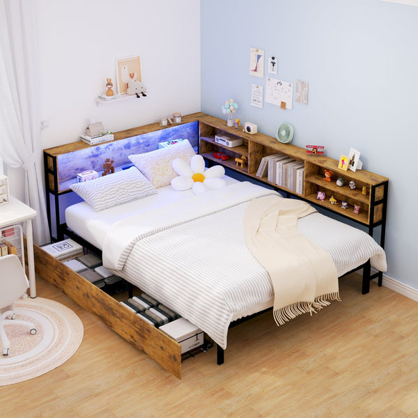 English Elm Corner Full Daybed Frame With Storage Drawers, Led Light & Charging Station For Kids’ Rooms W3107P334244