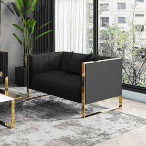 English Elm Trillium Velvet Loveseat with Gold Stainless Steel Frame, Vertical Stitching & High-Density Foam Upholstery Black B365P398094