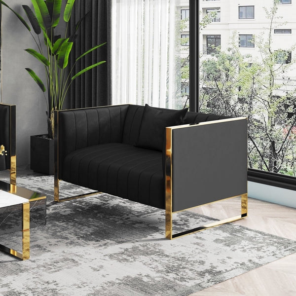 English Elm Trillium Velvet Loveseat with Gold Stainless Steel Frame, Vertical Stitching & High-Density Foam Upholstery Black B365P398094