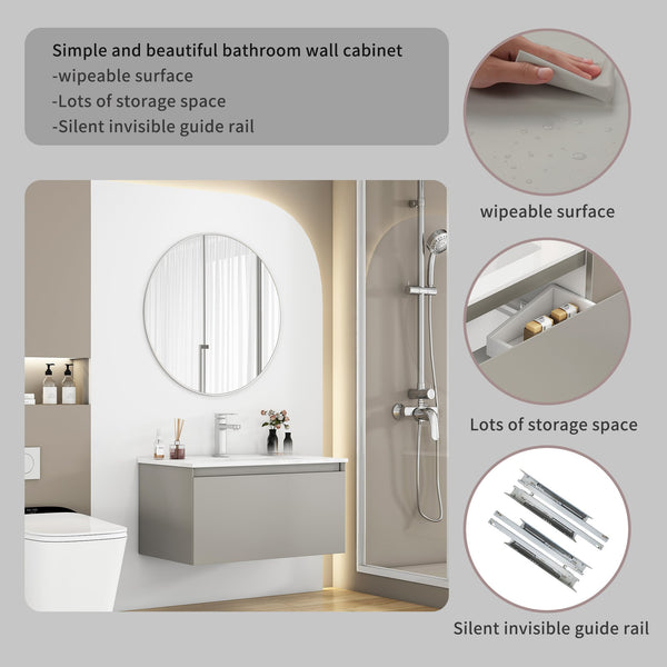 English Elm 32-Inch Wall-Mounted Bathroom Vanity With Soft-Close Drawer, Durable Ceramic Sink, Mocha Gray Finish W3151S00043
