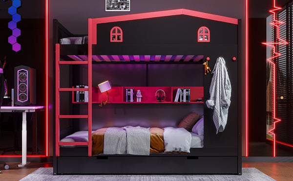 English Elm Twin Xl Solid Pine Loft Bed with Built-in Led Lighting and Storage Shelves W1580S00393