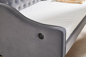 English Elm Twin Velvet Daybed with Pull Out Trundle Tufted Back Usb Port and Side Pockets Grey W1361S00036