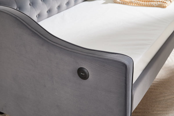 English Elm Twin Velvet Daybed with Pull Out Trundle Tufted Back Usb Port and Side Pockets Grey W1361S00036