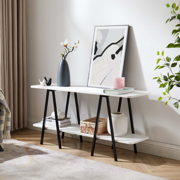 English Elm Celine 47" Console Table in White – Sleek MDF & Black Steel Legs, 2 Open Shelves, Fits Up to 45" TV B365P398250
