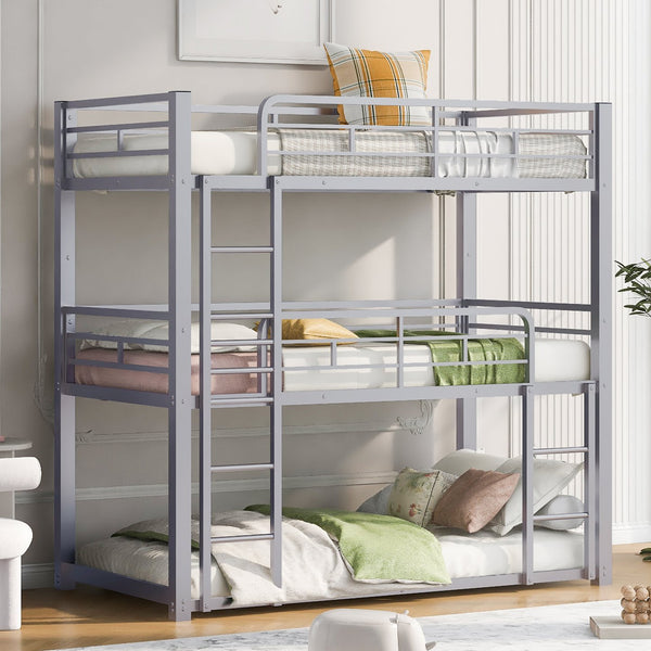 English Elm Metal Triple Bunk Bed Steel Frame Twin Three Tier Guardrails for Shared Rooms Silver GX000230AAN