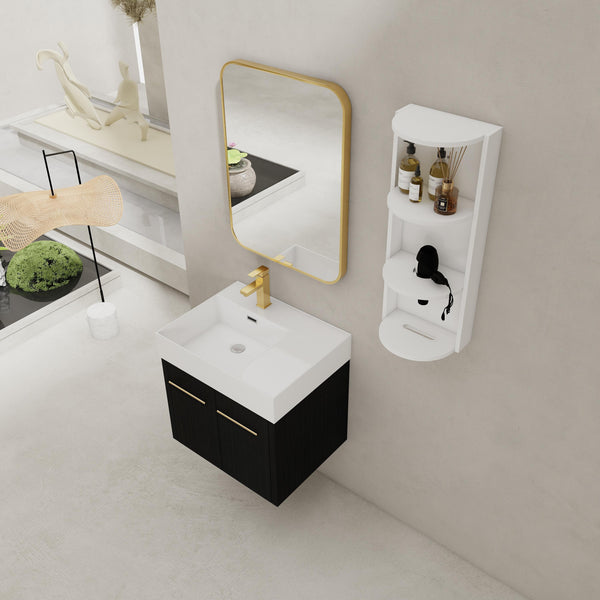 English Elm 24 Inch Wall-Mounted Bathroom Vanity Set With Thick Resin Sink, Storage Rack & Soft-Close Doors W999S00366