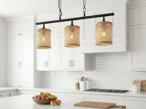 English Elm Elysian Three Light Rattan Pendant Farmhouse Kitchen Island Matte Black Chain Lamp B183P230906