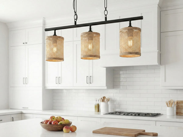 English Elm Elysian Three Light Rattan Pendant Farmhouse Kitchen Island Matte Black Chain Lamp B183P230906
