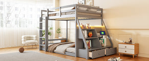 English Elm Full Bunk Bed with App Led Lighting Usb Charging Storage Drawers Kids Bedroom Gray N820S00080E