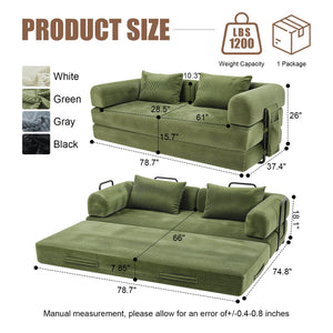 English Elm 78 Inch Corduroy Convertible Sofa Sleeper Futon with Foldable Armrests for Studio Rooms Green W5385P455028