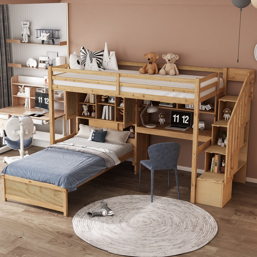 English Elm Twin Over Twin Loft Bed with Built-In Desk, Stairs, Shelving and Storage Headboard for Space-Saving Rooms Natural GX000465AAN
