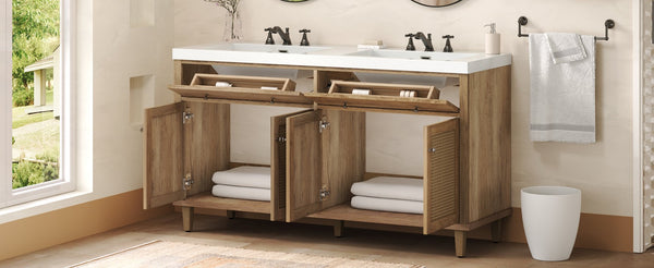 English Elm Christopher Knight Home® - 60 Inch Bathroom Vanity with Double Sinks SMC, Rattan Doors, Soft-Close Drawers, Stable Pine Legs Wood N817P296140N