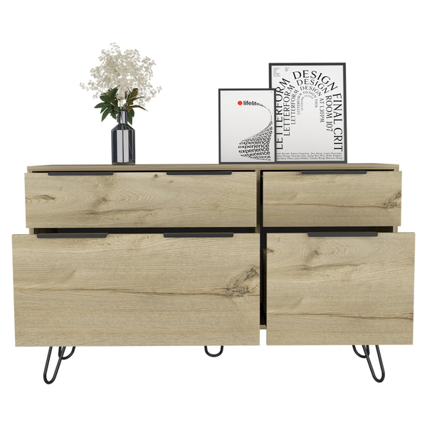 English Elm Augusta Beige Double Dresser with Superior Top, Hairpin Legs, 4 Drawers — Stylish Storage Solution B070S00225