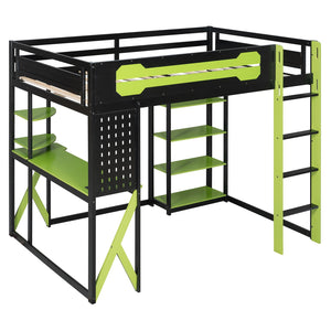English Elm Full Size Loft Bed with Rgb Lighting Chevron Desk Usb Charging Ports and Storage Shelves Black+Green LT000286AAG