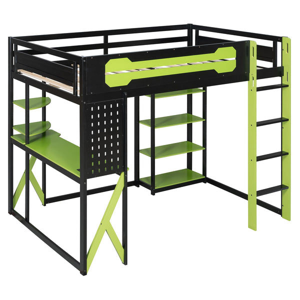 English Elm Full Size Loft Bed with Rgb Lighting Chevron Desk Usb Charging Ports and Storage Shelves Black+Green LT000286AAG