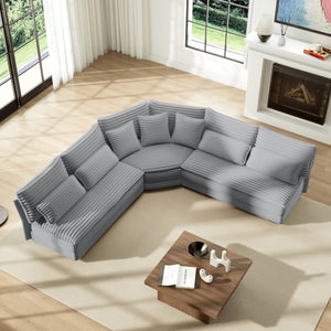 English Elm 5-seater Curved Corner Sectional Sofa Ribbed Corduroy Upholstery with Seven Accent Pillows W2606S00015