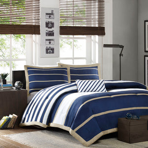 JLA Home Mi Zone - Comforter with Timeless Navy, Khaki & White Stripes, Antimicrobial Finish, Machine Washable, Tailored Look 102 L x 90 W x 1H MZ10-508