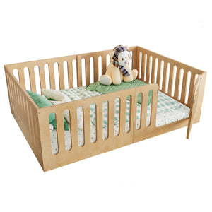 English Elm Twin Solid Pine Montessori Floor Bed with House Frame Door and Safety Fence Natural W5305P420636