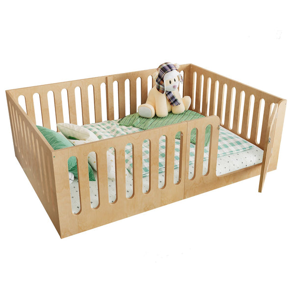 English Elm Twin Solid Pine Montessori Floor Bed with House Frame Door and Safety Fence Natural W5305P420636