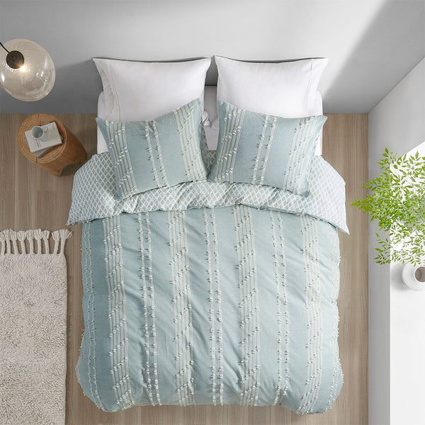 JLA Home INK+IVY - 3 INK+IVY Kara Cotton Jacquard Duvet Set — Reversible Aqua Diamond & Stripe Design, Breathable OEKO-TEX Comfort 92 L x 104 W x 0.25H II12-1107