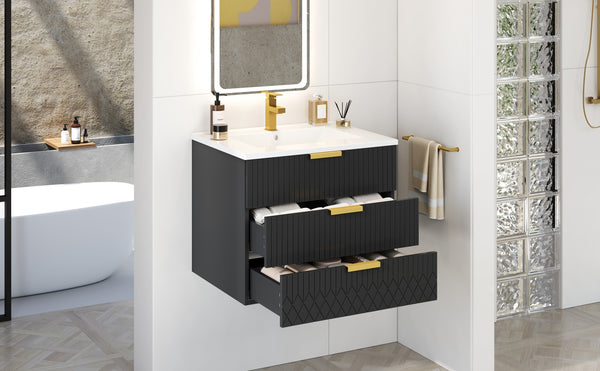 English Elm 24inch Bathroom Vanity with Ceramic Basin Sink, Wall-Mounted Double Drawer Cabinet for Small Baths Black N710P324097B