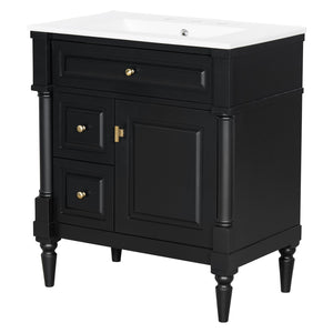 English Elm 30" Freestanding Bathroom Vanity Rubberwood Frame Ceramic Sink Flip Drawer Storage Black N725P356062B