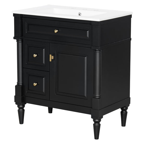 English Elm 30" Freestanding Bathroom Vanity Rubberwood Frame Ceramic Sink Flip Drawer Storage Black N725P356062B