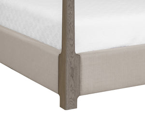 Sunpan Danette Canopy Bed - Minimalist Solid Oak Frame with Warm Brass Accents & Luxe Zenith Taupe Upholstery