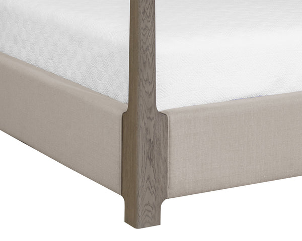 Sunpan Danette Canopy Bed - Minimalist Solid Oak Frame with Warm Brass Accents & Luxe Zenith Taupe Upholstery