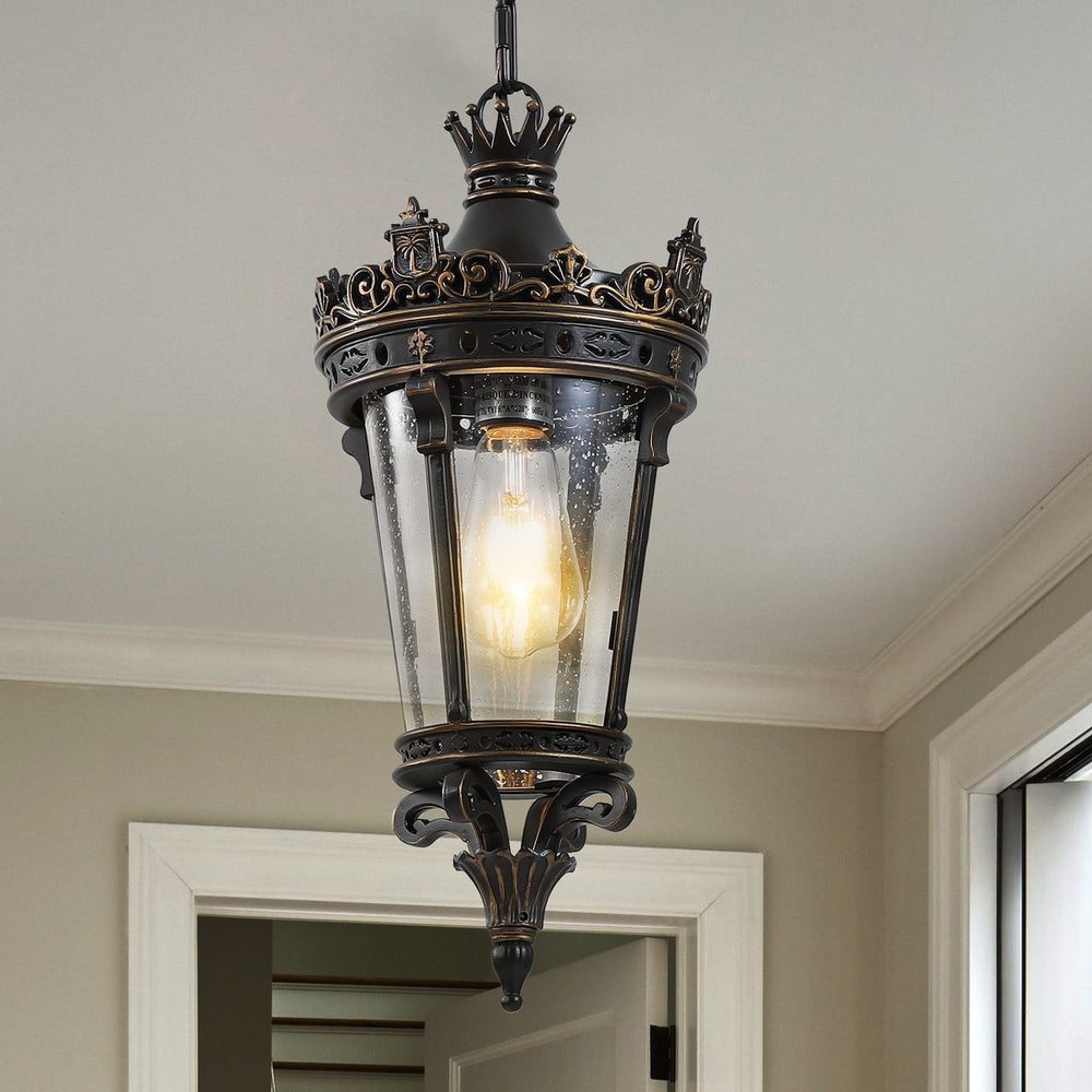 English Elm 18"(H) Antique Crown Outdoor Hanging Lantern, Coffee+Golden Waterproof Vintage Pendant Light with Ornate Aluminum & Clear Glass, Hard-Wired E26 Socket for Patio Porch Entryway W2312P411863
