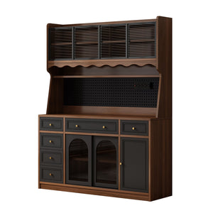 English Elm Freestanding Buffet Hutch with Glass Doors Six Drawers and Built in Power Outlet W5389S00002