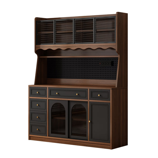 English Elm Freestanding Buffet Hutch with Glass Doors Six Drawers and Built in Power Outlet W5389S00002