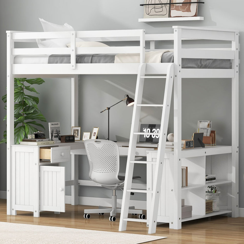 English Elm Full Loft Bed with U-Shaped Workstation, Built-In Drawers, Shelves & Cabinet for Space Saving White GX001039AAK