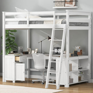 English Elm Full Loft Bed with U-Shaped Workstation, Built-In Drawers, Shelves & Cabinet for Space Saving White GX001039AAK