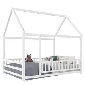 English Elm Twin Pine House Frame Floor Bed with Peaked Roof and Fence Guardrails for Kids White W1858P389981
