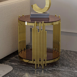 English Elm 19.69inch Gold Round Coffee Table with Crown Frame, 8mm Tempered Glass, Stainless Steel Base, Chic Storage Dark Brown W1550P171522