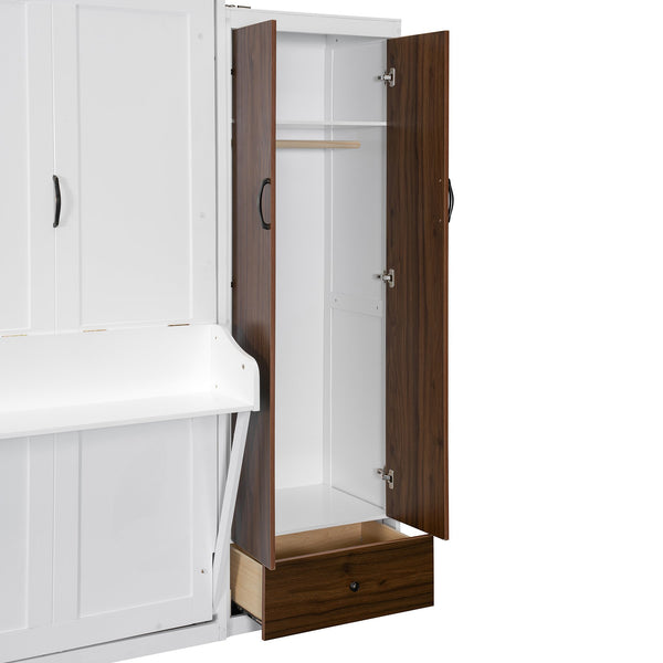 English Elm Queen Murphy Wall Bed with Fold Down Desk Dual Wardrobes and Drawers in White LP000925AAK-1