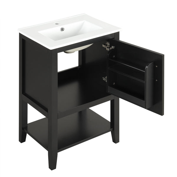 English Elm 20" Matte Freestanding Bathroom Vanity Rubberwood Cabinet Ceramic Sink Open Shelf Black N725P391115B