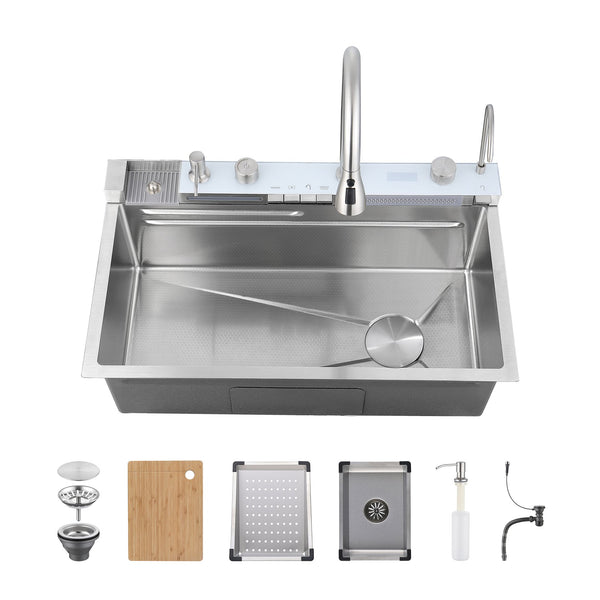 English Elm Pull-out Faucet Stainless Steel Kitchen Sink with Waterfall Spout and Digital Temp Display T3177P370631